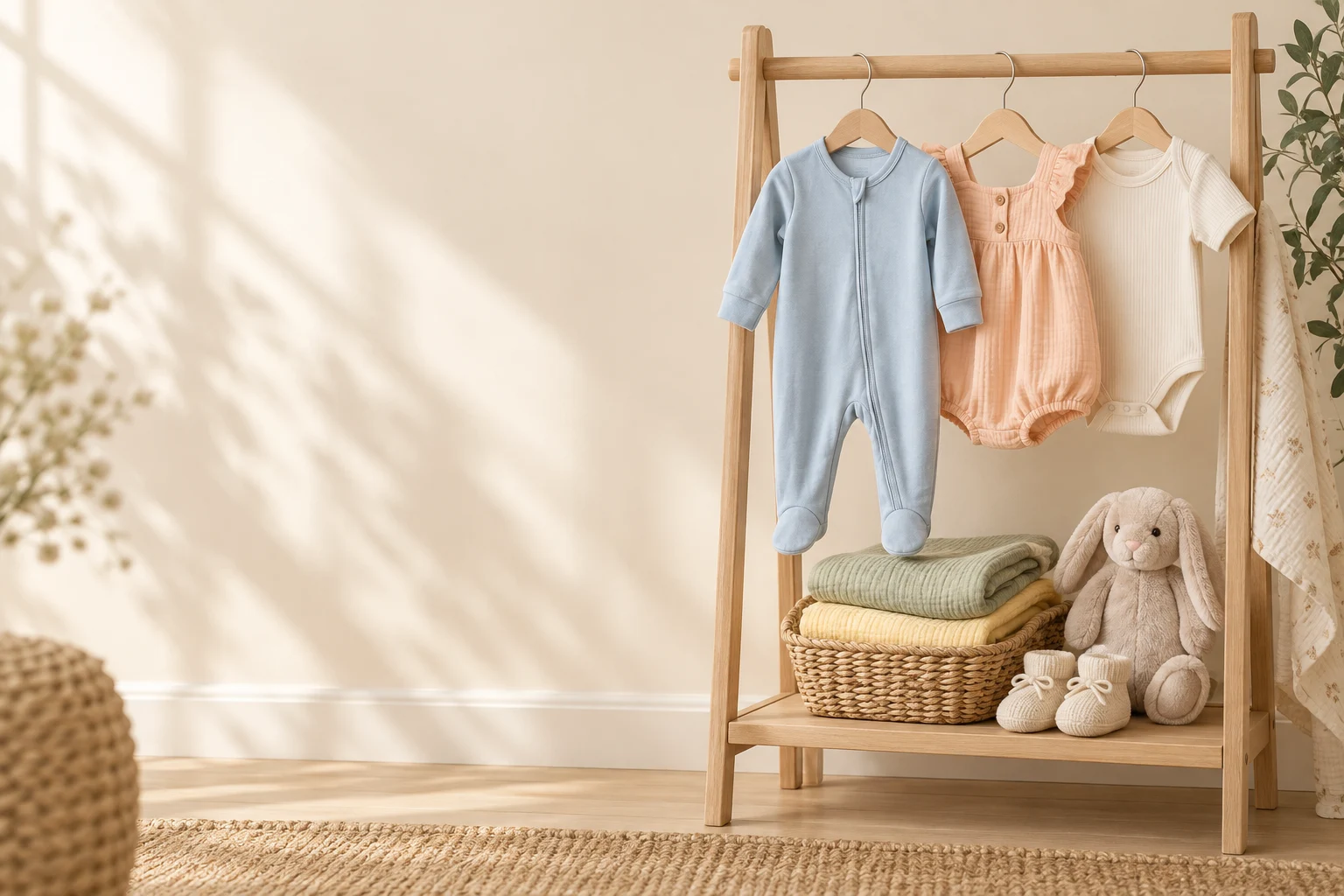Tiny blue and peach baby outfits with muslin wraps and knitted booties in a sunlit nursery